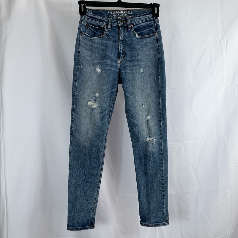 American Eagle Jeans Mom Straight Leg Jeans Distressed High Rise Denim Pants 2